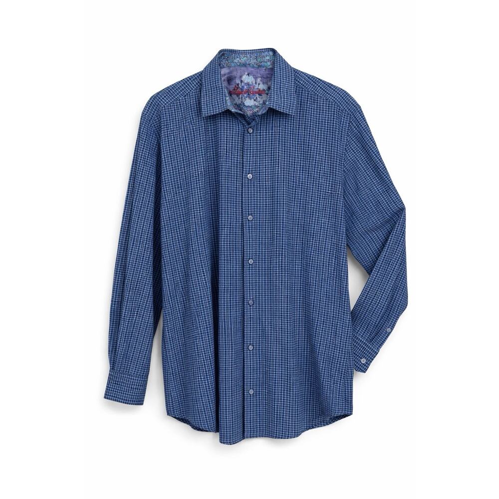Robert Graham Mens Blue Check Button Up Shirt Long Sleeve Flip Cuff 2XL